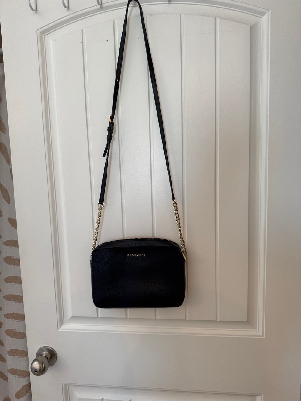 Michael Kors Black Leather Crossbody with Gold Chain Strap